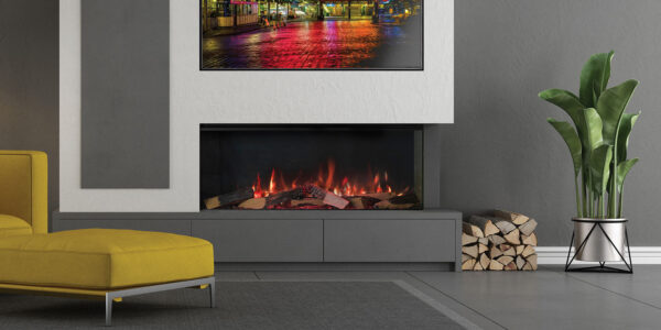 Gray and yellow modern living room with fireplace